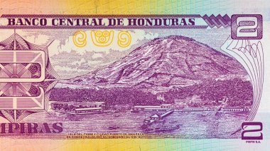 2 Lempiras, Honduras, 2019 Ada ve Amapala Limanı 'nın görüntüsüyle. Honduras parası