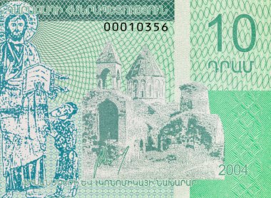 Gandzasar manastırı ve İsa 'nın resimli 10 Dram Dağlık Karabağ Banknotu. Nagorno Karabakh 'ın parası. Tanınmayan Cumhuriyet.