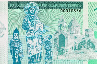 Gandzasar manastırı ve İsa 'nın resimli 10 Dram Dağlık Karabağ Banknotu. Nagorno Karabakh 'ın parası. Tanınmayan Cumhuriyet.