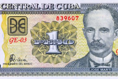 1 Peso Cuba, 2016 with a portrait of Jose Marti. Paper money of Cuba.