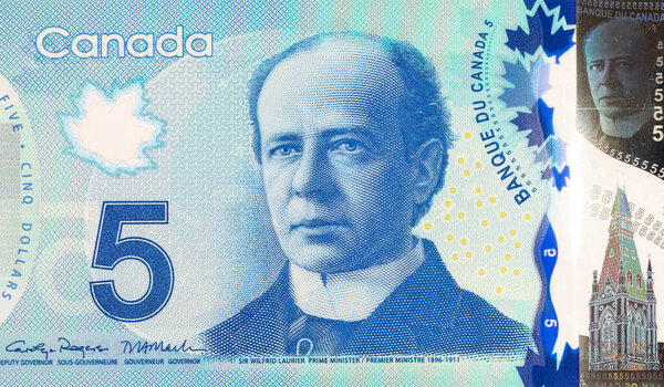 5 Dollars Canada, 2013 with a portrait of Sir Wilfrid Laurier. Polymer money of Canada.