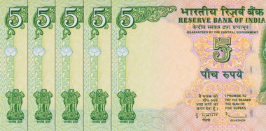 Mahatma Gandhi 'nin portresiyle 5 rupluk Hindistan parası. Hindistan 'ın kağıt parası..