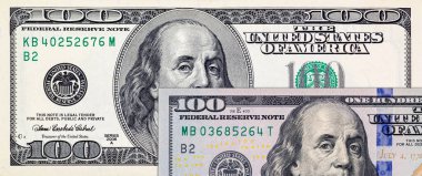 Tasarım amaçlı 100 dolarlık banknotun bir parçası. Amerika Birleşik Devletleri 'nin parası..