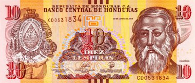 10 Lempiras, Honduras, 2019 Jose Trinidad Cabanas 'ın portresiyle. Honduras parası