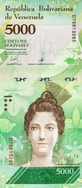 5.000 Bolivares, Luisa Caceres de Arismendi 'nin portresi olan Venezuela banknot parçası. Venezuela 'nın kağıt parası