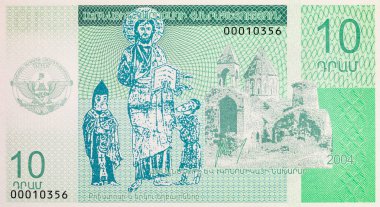 Gandzasar manastırı ve İsa 'nın resimli 10 Dram Dağlık Karabağ Banknotu. Nagorno Karabakh 'ın parası. Tanınmayan Cumhuriyet.