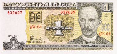 1 Peso Cuba, 2016 with a portrait of Jose Marti. Paper money of Cuba.