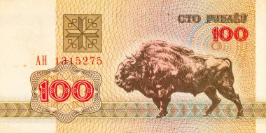 Bizon resmi olan 100 ruble Belarus, tasarım için. Belarus 'un kağıt parası.