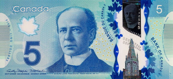5 Dollars Canada, 2013 with a portrait of Sir Wilfrid Laurier. Polymer money of Canada.