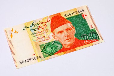 Muhammed Ali Cinnah 'ın portresiyle 20 rupi Pakistan banknotu. Pakistan 'ın kağıt parası..
