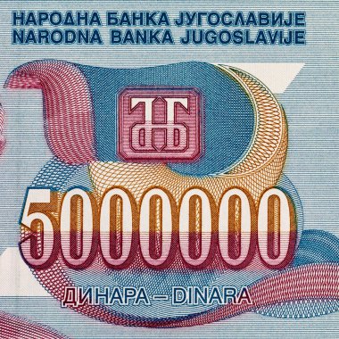 Nikola Tesla 'nın portresi ile birlikte 5.000 Dinara Yugoslavya banknotu 1990. Yugoslavya 'nın klasik parası hiperenflasyonda