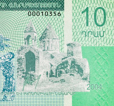 Gandzasar manastırı ve İsa 'nın resimli 10 Dram Dağlık Karabağ Banknotu. Nagorno Karabakh 'ın parası. Tanınmayan Cumhuriyet.