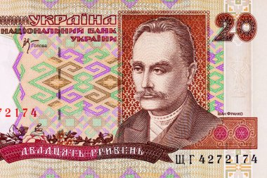 Ukrayna 'dan Ivan Franko' nun portresiyle birlikte 20 Hryvnia banknotu. Ukrayna 'nın kağıt parası.