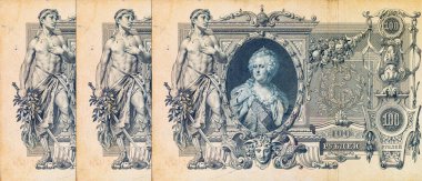 Rus İmparatorluğu 'nda Rus İmparatoriçesi Büyük Catherine' in portresiyle birlikte 100 ruble Rus rublesi. Rusya 'nın eski mahsul parası..