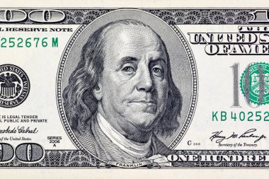 Tasarım amaçlı 100 dolarlık banknotun bir parçası. Amerika Birleşik Devletleri 'nin parası..