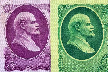 SSCB 'nin 25 ve 50 ruble banknotunda Vladimir Lenin' in portresi. Sovyet Birliğinin Parası
