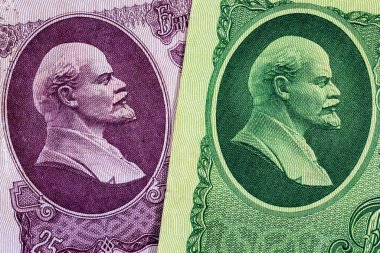 SSCB 'nin 25 ve 50 ruble banknotunda Vladimir Lenin' in portresi. Sovyet Birliğinin Parası