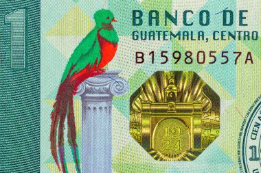 1 Quetzal, Guatemala. Üzerinde Quetzal ulusal kuşunun resmi olan bir banknot parçası. Guatemala 'nın parası