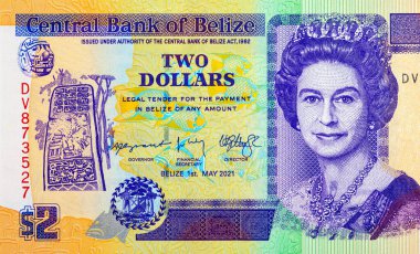 2 Dolar Belize ve Kraliçe II. Elizabeth 'in portresi. Belize 'nin parası. Büyük Britanya kolonilerinin parası..