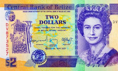 2 Dolar Belize ve Kraliçe II. Elizabeth 'in portresi. Belize 'nin parası. Büyük Britanya kolonilerinin parası..