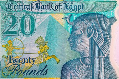 20 Pound Mısır 'da Kraliçe Kleopatra ve Büyük Piramitlerin portresi var. Mısır 'ın ulusal para birimi. Polimer para.