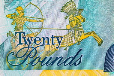 20 Pound Mısır 'da eski bir Mısır savaş arabasının bir okçuyla görüntüsü var. Mısır 'ın ulusal para birimi. Polimer para.