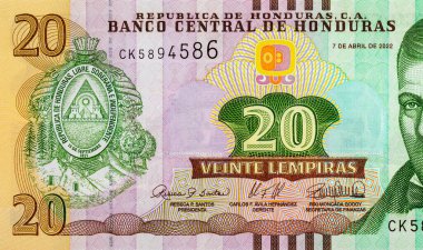 Dionisio de Herrera 'nın portresiyle 20 Lempiras Honduras. Honduras 'ın kağıt parası.