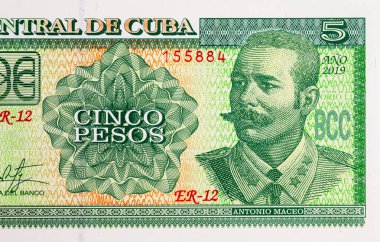 Kübalı ordu komutanı Antonio Maceo Grajales 'in portresiyle 5 peso, Küba. Küba 'nın kağıt parası