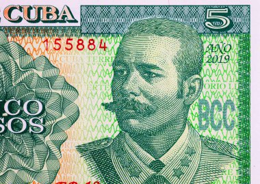 Kübalı ordu komutanı Antonio Maceo Grajales 'in portresiyle 5 peso, Küba. Küba 'nın kağıt parası