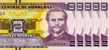 2 Lempiras, Honduras, 2019 with a portrait of Former President Marco Aurelio Soto. Honduran money