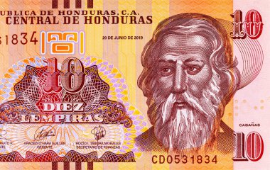 10 Lempiras, Honduras, 2019 Jose Trinidad Cabanas 'ın portresiyle. Honduras parası