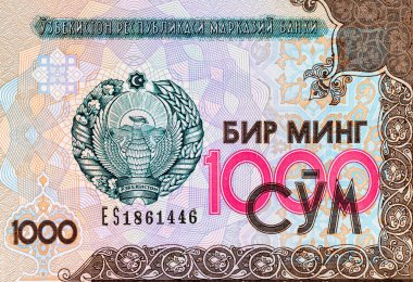 1000 Som Özbekistan, amblem ve ulusal sembollerle. Özbekistan 'ın Parası.
