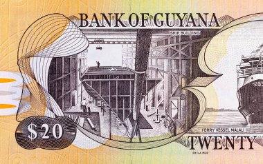 İçinde gemi inşaatı ve feribot gemisi Malali resmi olan 20 dolarlık Guyana. Guyana 'nın parası.