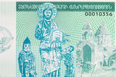 Gandzasar manastırı ve İsa 'nın resimli 10 Dram Dağlık Karabağ Banknotu. Nagorno Karabakh 'ın parası. Tanınmayan Cumhuriyet.