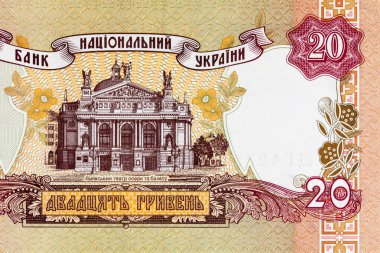 Ukrayna 'da üzerinde Lviv Opera Binası resmi olan 20 Hryvnia banknotu. Ukrayna 'nın kağıt parası.