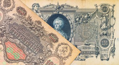 Rus İmparatorluğu 'nda Rus İmparatoriçesi Büyük Catherine' in portresiyle birlikte 100 ruble Rus rublesi. Rusya 'nın eski mahsul parası..