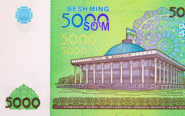 Taşkent 'teki Ulusal Meclis' in (Oliy Majlis) görüntüsüne sahip 5000 Sum Özbekistan. Özbekistan 'ın kağıt parası