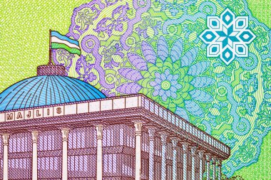 Taşkent 'teki Ulusal Meclis' in (Oliy Majlis) görüntüsüne sahip 5000 Sum Özbekistan. Özbekistan 'ın kağıt parası