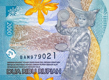 2000 Rupiah Endonezya ulusal dans partisi Tari Piring 'in portresi. Endonezya 'nın yeni parası