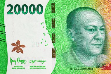 Politikacı Ulusal Kahraman Sam Ratulangi 'nin portresiyle 20.000 Rupiah Endonezya. Endonezya 'nın yeni parası.