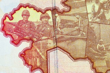 Büyük Vatanseverlik Savaşı 'ndaki zaferin 80. yıldönümü için 1000 Tenge, Kazakistan' ın hatıra banknotunun bir parçası. Kazakistan 'ın yeni parası