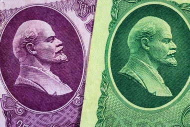 SSCB 'nin 25 ve 50 ruble banknotunda Vladimir Lenin' in portresi. Sovyet Birliğinin Parası