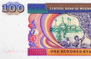 100 Kyats Myanmar, çalışan insanların ve geleneksel mimarinin görüntüleri. Myanmar 'ın Eski Kağıt Parası