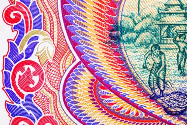 100 Kyats Myanmar, geleneksel desenlerin ve süslemelerin parçalarının görüntüsüyle. Myanmar 'ın Eski Kağıt Parası