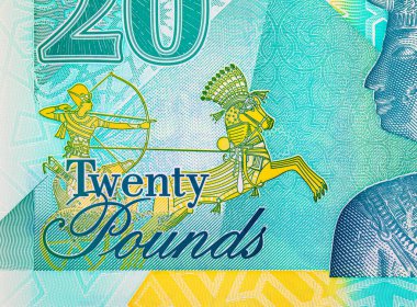 20 Pound Mısır 'da eski bir Mısır savaş arabasının bir okçuyla görüntüsü var. Mısır 'ın ulusal para birimi. Polimer para.