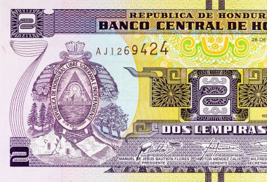 2 Lempiras, Honduras, 2019 with a portrait of Former President Marco Aurelio Soto. Honduran money