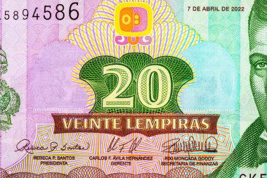 20 Lempiras Honduras, tasarımcılar için bir banknotun bir parçası. Hondura 'nın kağıt parası.