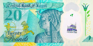 20 Pound Mısır 'da Kraliçe Kleopatra ve Büyük Piramitlerin portresi var. Mısır 'ın ulusal para birimi. Polimer para.