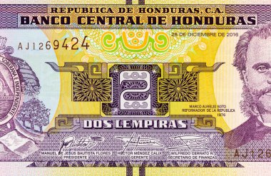 2 Lempiras, Honduras, 2019 with a portrait of Former President Marco Aurelio Soto. Honduran money