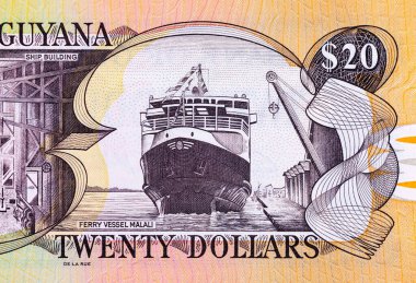 İçinde gemi inşaatı ve feribot gemisi Malali resmi olan 20 dolarlık Guyana. Guyana 'nın parası.